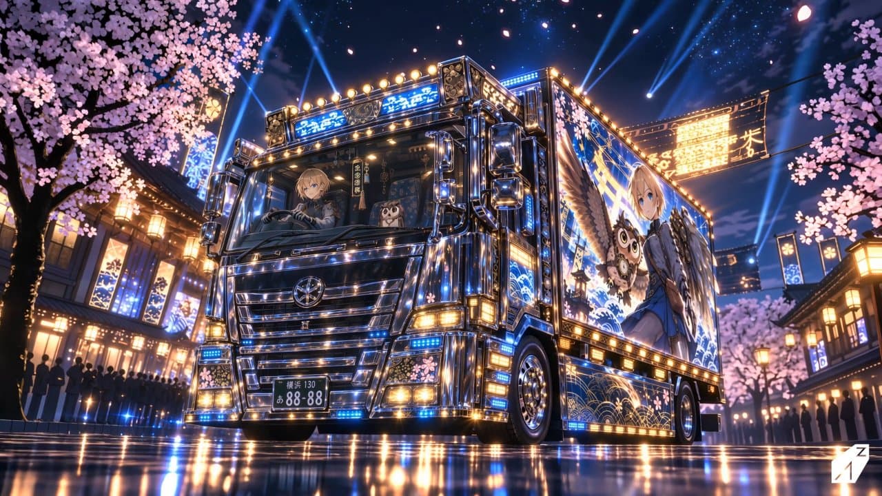 HIKARI DEKOTORA｜夜桜を駆ける、青と金のデコトラアート
