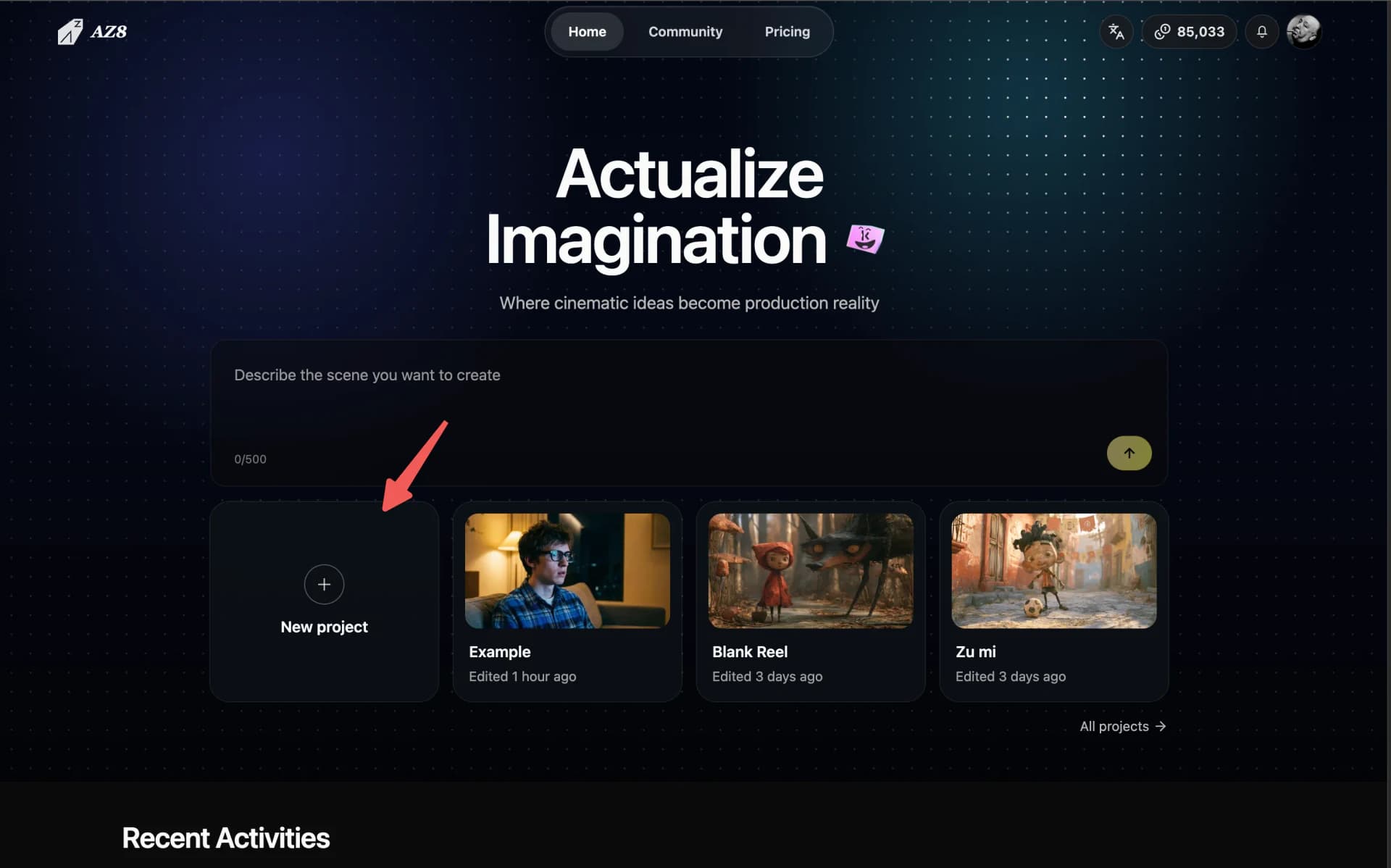 Home page New Project entry
